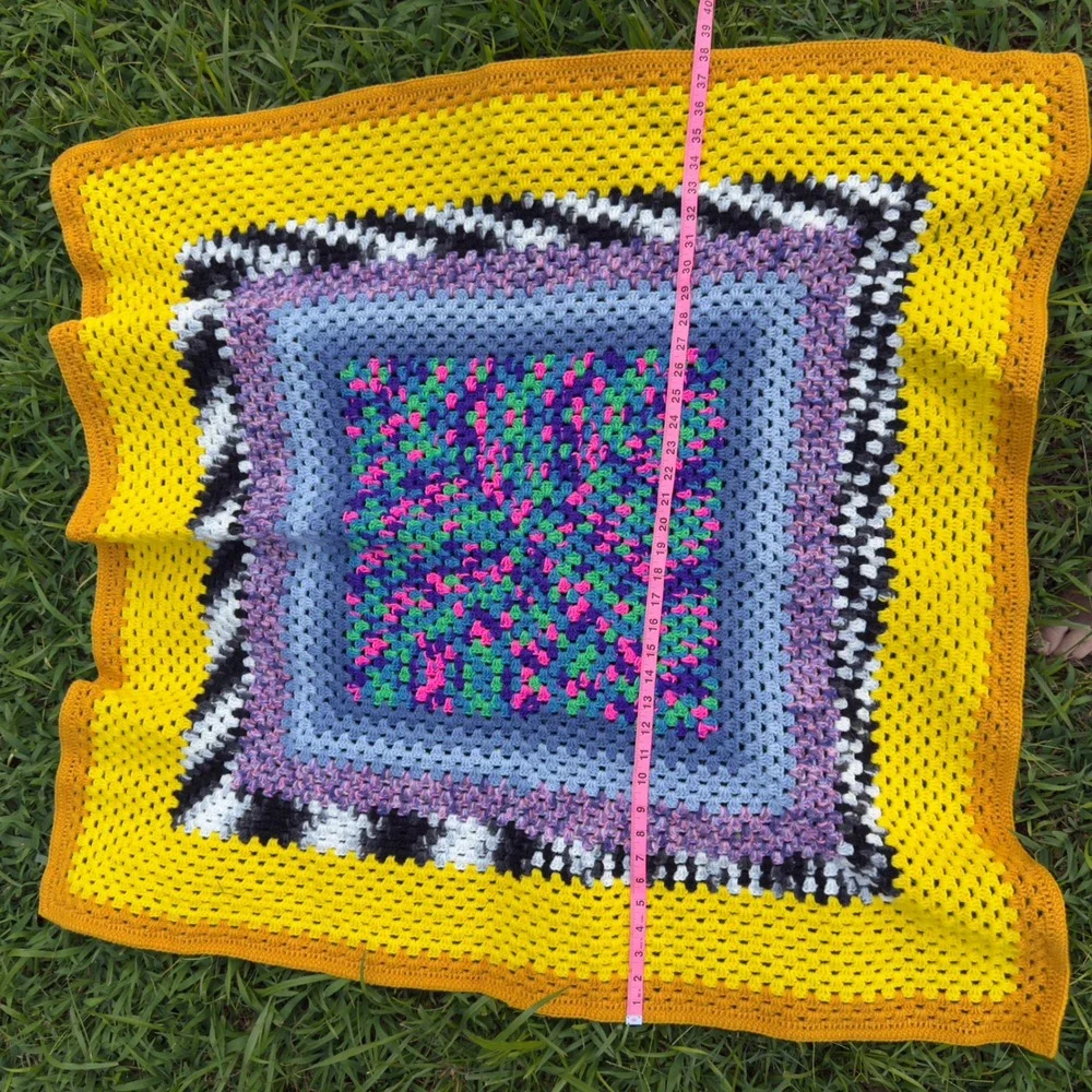Handmade Crochet Granny Square Baby Blanket Yellow Blue Purple Boho 38x38
